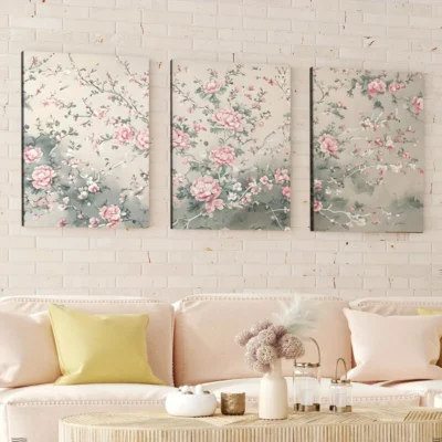 3pcs Sage Green Chinoiserie Art Rose Florals Wall Art Set Canvas Framed 40x60cm - High Quality Print 100% Australian Made Wall Canvas Ready to Hang