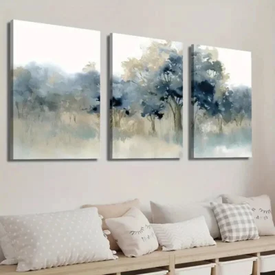3pcs Indigo and Beige Forest Landscape Wall Art Set Canvas Framed 40x60cm - High Quality Print 100% Australian Made Wall Canvas Ready to Hang