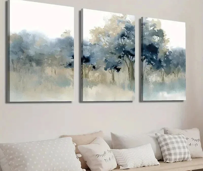 3pcs Indigo and Beige Forest Landscape Wall Art Set Canvas Framed 40x60cm – High Quality Print 100% Australian Made Wall Canvas Ready to Hang