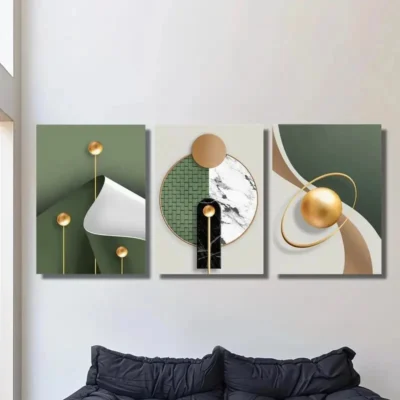 3pcs Modern Abstract Golden Geometric Wall Art Set Canvas Framed 40x60cm - High Quality Print 100% Australian Made Wall Canvas Ready to Hang