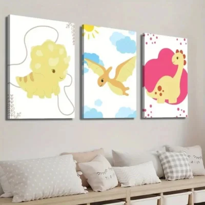 3pcs Cute Cartoon Dinosaur Art Flying Dinosaur Wall Canvas Ready to Hang