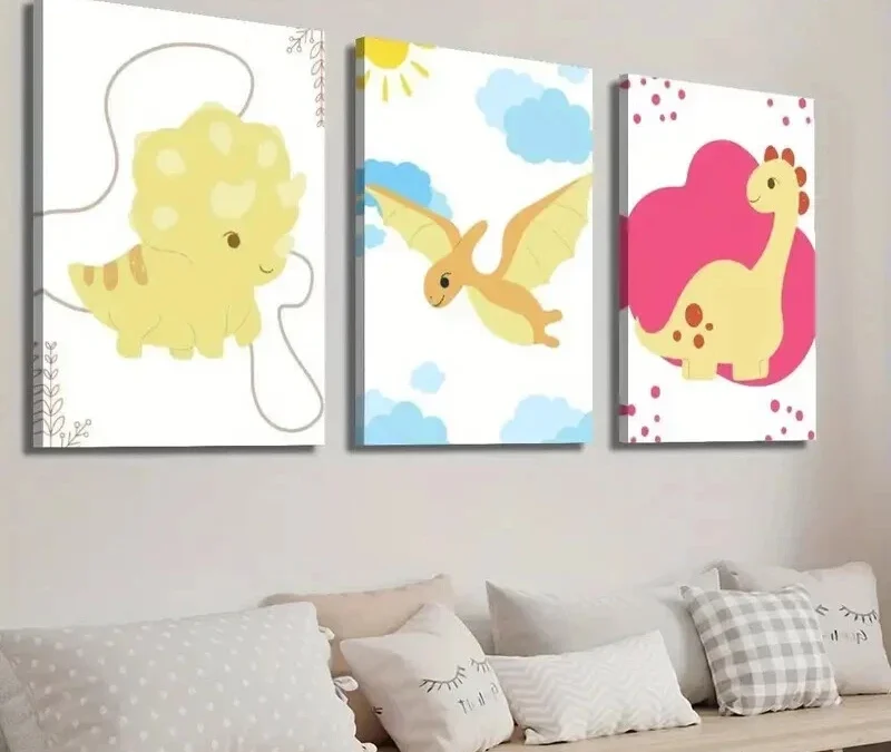 3pcs Cute Cartoon Dinosaur Art Flying Dinosaur Wall Canvas Ready to Hang