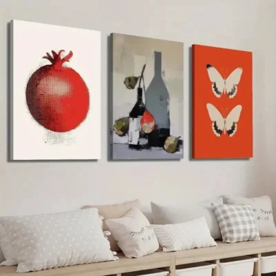 3pcs Vintage Pomegranate Wine Bottle & Butterfly  Wall Canvas Ready to Hang