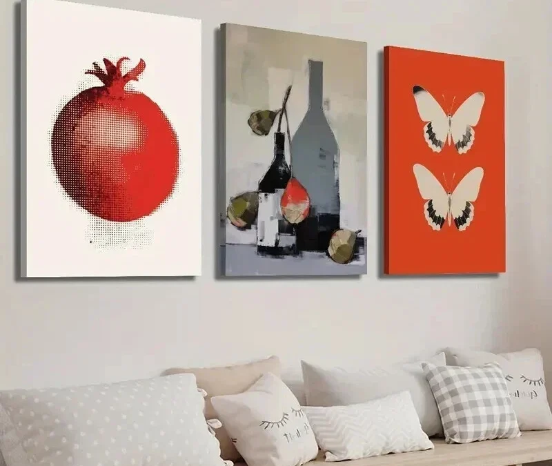 3pcs Vintage Pomegranate Wine Bottle & Butterfly  Wall Canvas Ready to Hang