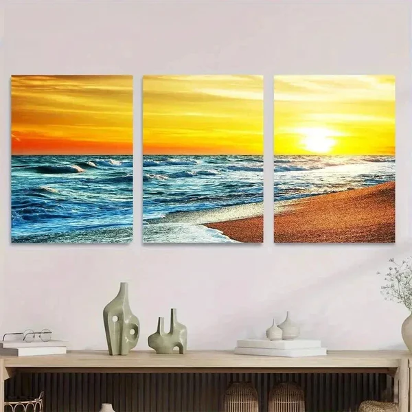 3pcs Ocean Waves & Sandy Shoreline Sunset Beach Wall Art Set Canvas Framed 40x60cm – High Quality Print 100% Australian Made Wall Canvas Ready to Hang