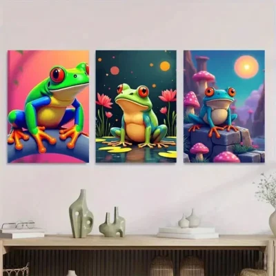 3pcs Colorful Frog Vibrant And Fun Picture Wall Art Set Canvas Framed 50x70cm - High Quality Print 100% Australian Made Wall Canvas Ready to Hang