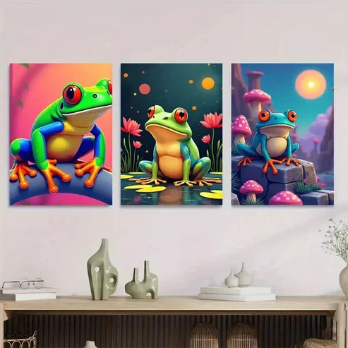 3pcs Colorful Frog Vibrant And Fun Picture Wall Art Set Canvas Framed 50x70cm – High Quality Print 100% Australian Made Wall Canvas Ready to Hang