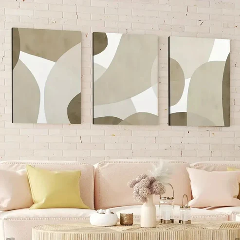 3pcs Mid Century Earth Tone Abstract Geometric Wall Art Set Canvas Framed 40x60cm – High Quality Print 100% Australian Made Wall Canvas Ready to Hang