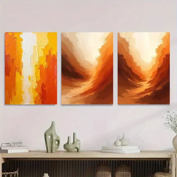 3pcs Orange and White Vibrant Brushstroke Wall Art Set Canvas Framed 50x70cm – High Quality Print 100% Australian Made Wall Canvas Ready to Hang
