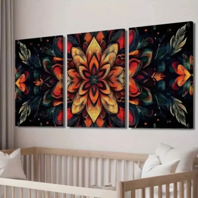 3pcs Mandala Flowers on Black Background Wall Art Set Canvas Framed 40x60cm - High Quality Print 100% Australian Made Wall Canvas Ready to Hang