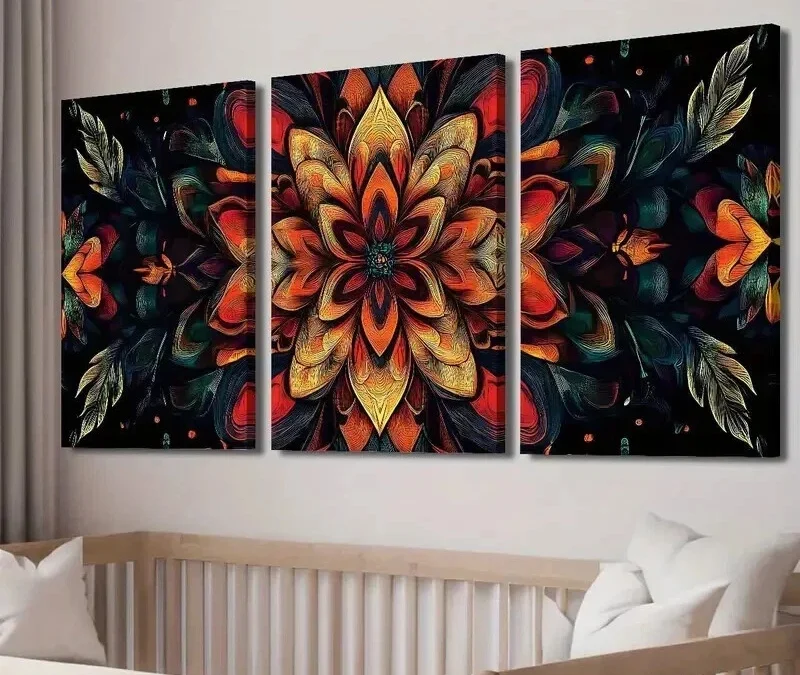 3pcs Mandala Flowers on Black Background Wall Art Set Canvas Framed 40x60cm – High Quality Print 100% Australian Made Wall Canvas Ready to Hang