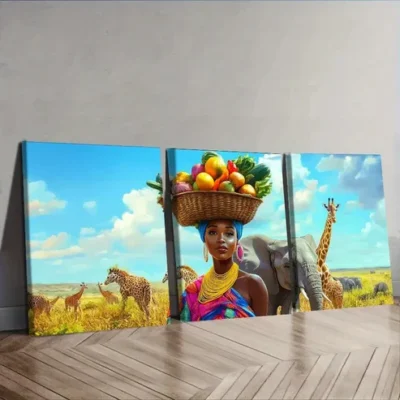 3pcs Fruit on the heads of African beauties Wall Art Set Canvas Framed 40x60cm - High Quality Print 100% Australian Made Wall Canvas Ready to Hang