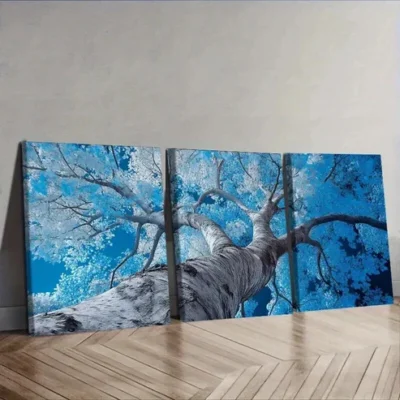 3pcs Vibrant Blue Poplar Tree with Sunlit Leaves Wall Art Set Canvas Framed 50x70cm - High Quality Print 100% Australian Made Wall Canvas Ready to Hang
