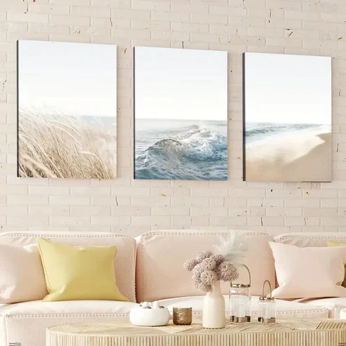 3pcs Abstract Geometric Beach Scenery Neutral Wall Art Set Canvas Framed 40x60cm – High Quality Print 100% Australian Made Wall Canvas Ready to Hang