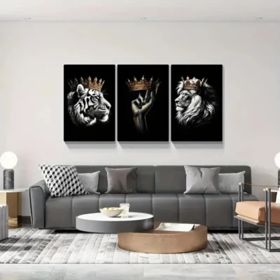 3pcs  Crowned Lion and Tiger Decorative Pattern Wall Art Set Canvas Framed 40x60cm - High Quality Print 100% Australian Made Wall Canvas Ready to Hang