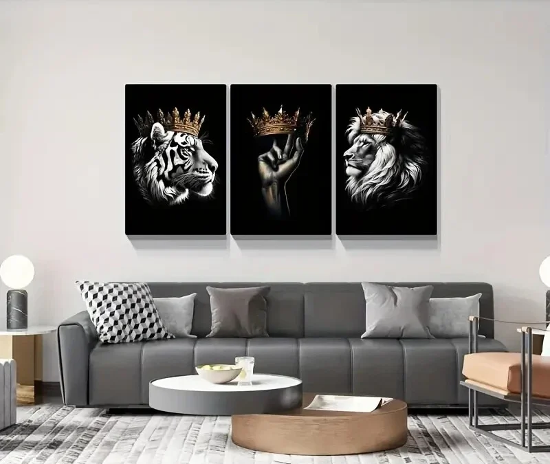 3pcs Crowned Lion and Tiger Decorative Pattern Wall Art Set Canvas Framed 40x60cm – High Quality Print 100% Australian Made Wall Canvas Ready to Hang
