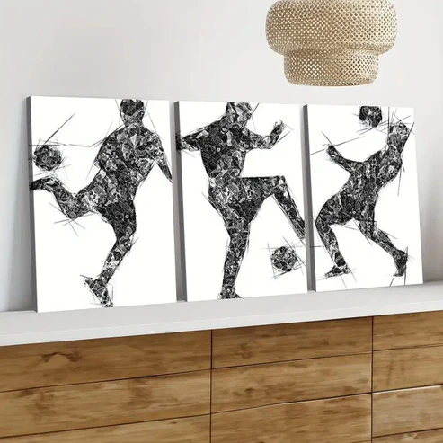 3pcs Football Black & White Men Black Lines Wall Art Set Canvas Framed 40x60cm – High Quality Print 100% Australian Made Wall Canvas Ready to Hang