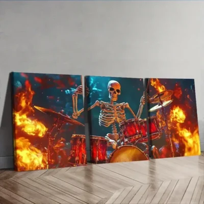 3pcs Skeleton Drummer Canvas Wall Art Set Canvas Framed 50x70cm - High Quality Print 100% Australian Made Wall Canvas Ready to Hang