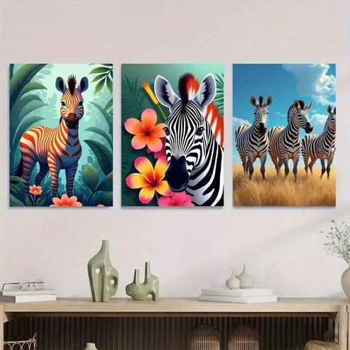3pcs Colorful Zebra Picture Folwer Vibrant Wall Art Set Canvas Framed 50x70cm – High Quality Print 100% Australian Made Wall Canvas Ready to Hang