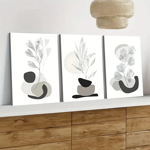 3pcs Beige Gray Liner Florals Leaves Black Stone Wall Art Set Canvas Framed 50x70cm – High Quality Print 100% Australian Made Wall Canvas Ready to Hang