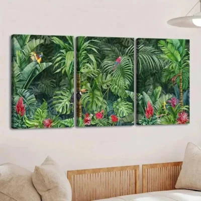 3pcs Vibrant Tropical Jungle Colorful Bird Trees Wall Art Set Canvas Framed 50x70cm - High Quality Print 100% Australian Made Wall Canvas Ready to Hang