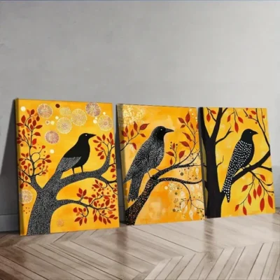 3pcs The psychic crow In Yellow Background Wall Art Set Canvas Framed 50x70cm - High Quality Print 100% Australian Made Wall Canvas Ready to Hang
