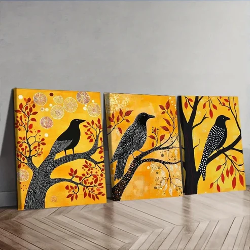 3pcs The psychic crow In Yellow Background Wall Art Set Canvas Framed 50x70cm – High Quality Print 100% Australian Made Wall Canvas Ready to Hang