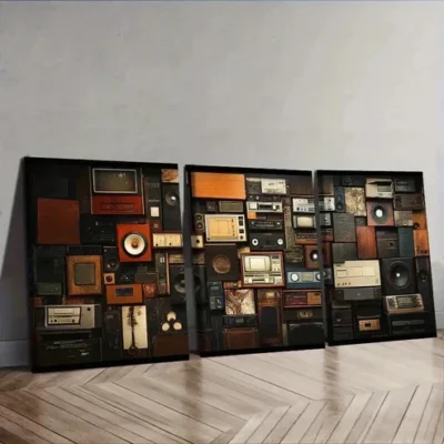 3pcs Featuring a Collage of Retro Audio Devices Wall Art Set Canvas Framed 50x70cm - High Quality Print 100% Australian Made Wall Canvas Ready to Hang