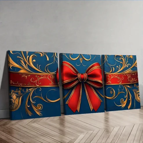 3pcs Modern Golden Red Bow Wall Art Set Canvas Framed 50x70cm – High Quality Print 100% Australian Made Wall Canvas Ready to Hang