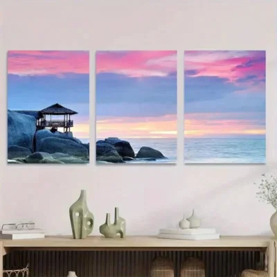 3pcs Coastal Sunset Beach Hut & Ocean Landscape Wall Art Set Canvas Framed 50x70cm - High Quality Print 100% Australian Made Wall Canvas Ready to Hang
