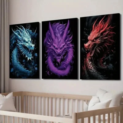 3pcs Blue Purple & Red Vibrant Dragons Wall Art Set Canvas Framed 40x60cm - High Quality Print 100% Australian Made Wall Canvas Ready to Hang