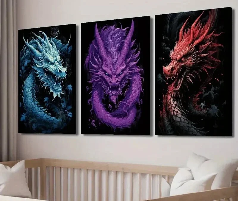 3pcs Blue Purple & Red Vibrant Dragons Wall Art Set Canvas Framed 40x60cm – High Quality Print 100% Australian Made Wall Canvas Ready to Hang