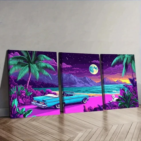 3pcs Vibrant Tropical Miami Beach Wall Art Set Canvas Framed 50x70cm – High Quality Print 100% Australian Made Wall Canvas Ready to Hang