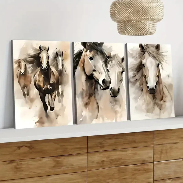 3pcs Horse Pair Abstract Elegant Charcoal Wall Art Set Canvas Framed 40x60cm – High Quality Print 100% Australian Made Wall Canvas Ready to Hang