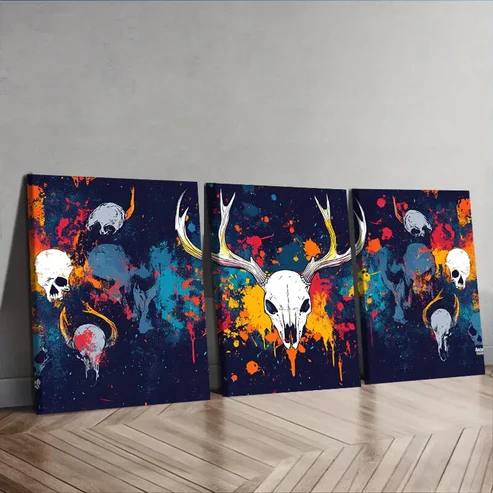 3pcs A pattern of skulls and bison horns Wall Art Set Canvas Framed 40x60cm – High Quality Print 100% Australian Made Wall Canvas Ready to Hang
