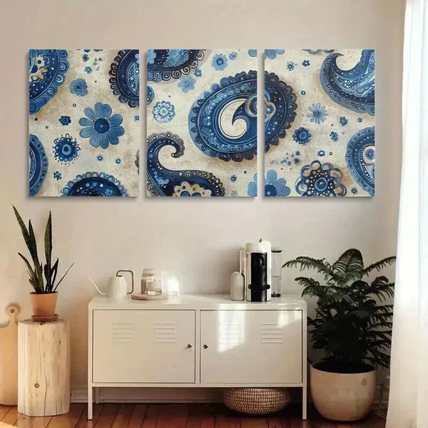 3pcs Seamless Turquoise Paisley Floral & Blue Wall Art Set Canvas Framed 50x70cm – High Quality Print 100% Australian Made Wall Canvas Ready to Hang