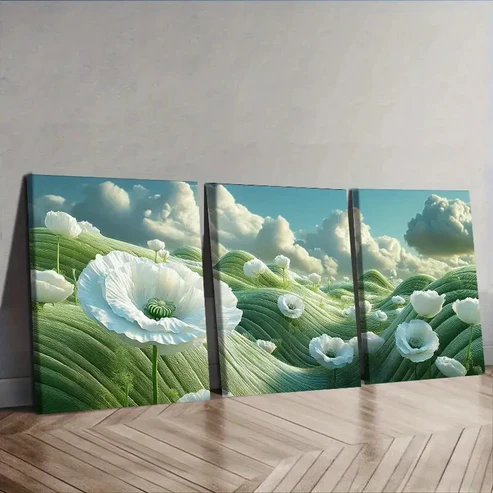 3pcs Deco Modern Contemporary White Poppy Wall Art Set Canvas Framed 40x60cm – High Quality Print 100% Australian Made Wall Canvas Ready to Hang