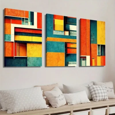 3pcs Colorful Abstract Geometric Shape Wall Art Set Canvas Framed 40x60cm - High Quality Print 100% Australian Made Wall Canvas Ready to Hang