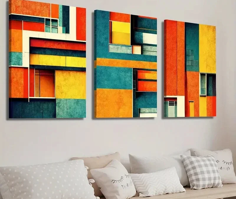 3pcs Colorful Abstract Geometric Shape Wall Art Set Canvas Framed 40x60cm – High Quality Print 100% Australian Made Wall Canvas Ready to Hang