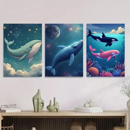 3pcs Whales and Dolphins Under The Moonlit Sky Wall Art Set Canvas Framed 50x70cm – High Quality Print 100% Australian Made Wall Canvas Ready to Hang
