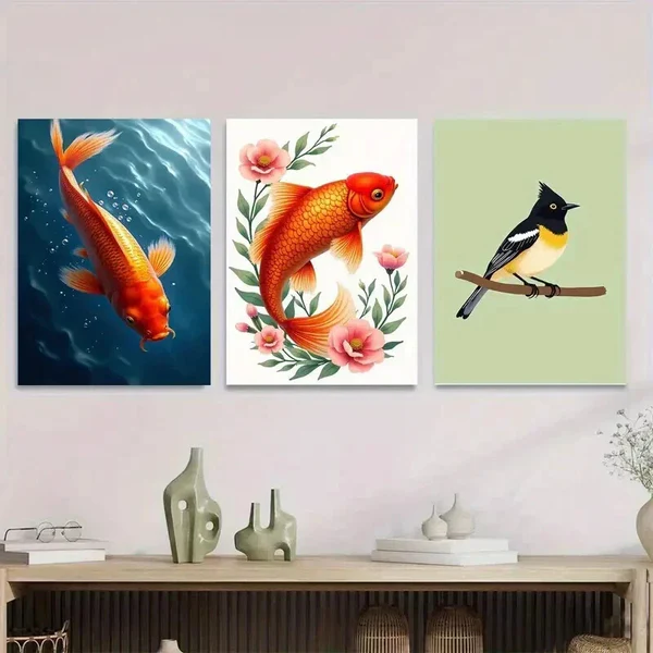 3pcs Fish Floral & Bird Vibrant Orange Koi Pink Wall Art Set Canvas Framed 50x70cm – High Quality Print 100% Australian Made Wall Canvas Ready to Hang