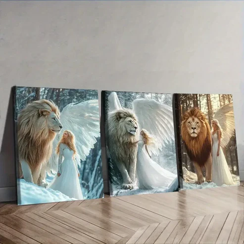 3pcs The girl and the lion in the snow Wall Art Set Canvas Framed 40x60cm – High Quality Print 100% Australian Made Wall Canvas Ready to Hang