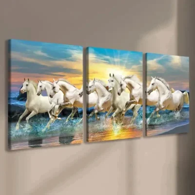 3pcs White Horses Seaside Sunset Running Horses Wall Art Set Canvas Framed 50x70cm - High Quality Print 100% Australian Made Wall Canvas Ready to Hang