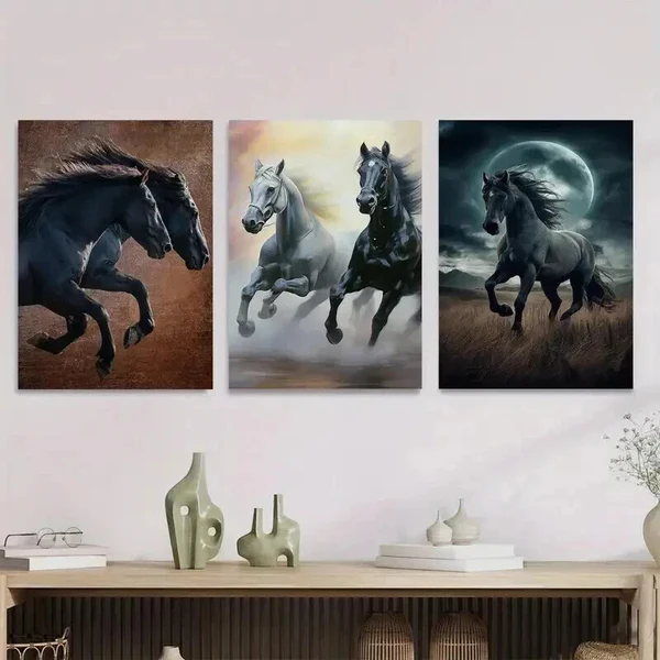 3pcs Galloping Horses Modern Black Wall Art Set Canvas Framed 50x70cm – High Quality Print 100% Australian Made Wall Canvas Ready to Hang