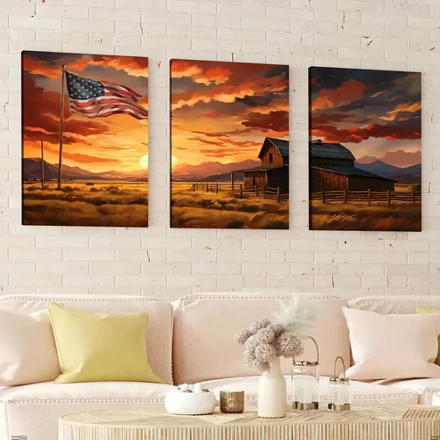 3pcs Rustic Barn American Flag Sun Shine Clouds Wall Art Set Canvas Framed 40x60cm – High Quality Print 100% Australian Made Wall Canvas Ready to Hang