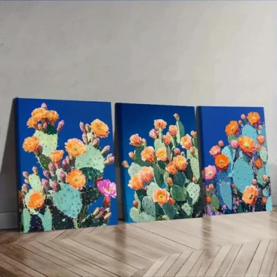 3pcs Night Cactus Blue sky Wall Art Set Canvas Framed 50x70cm - High Quality Print 100% Australian Made Wall Canvas Ready to Hang