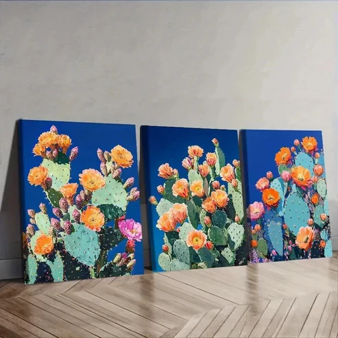 3pcs Night Cactus Blue sky Wall Art Set Canvas Framed 50x70cm – High Quality Print 100% Australian Made Wall Canvas Ready to Hang