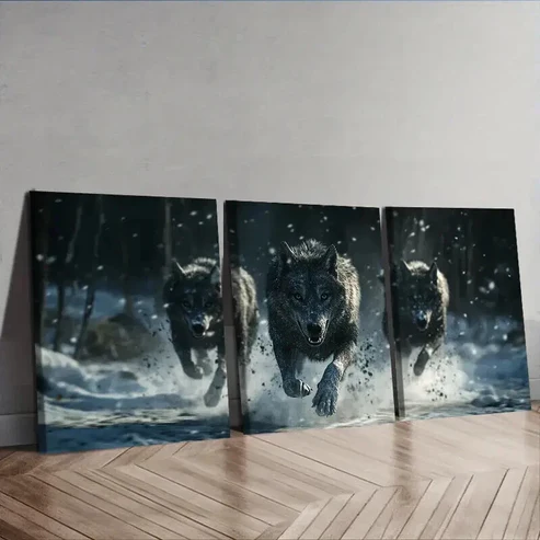 3pcs Fierce Wolf pack Wall Art Set Canvas Framed 50x70cm – High Quality Print 100% Australian Made Wall Canvas Ready to Hang