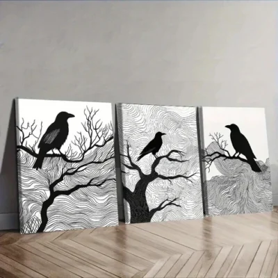 3pcs Black Crow on Tree Branches Wall Art Set Canvas Framed 50x70cm - High Quality Print 100% Australian Made Wall Canvas Ready to Hang
