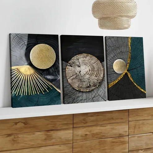 3pcs Abstract Art Tree Rings Modern Golden Blue Wall Art Set Canvas Framed 50x70cm – High Quality Print 100% Australian Made Wall Canvas Ready to Hang